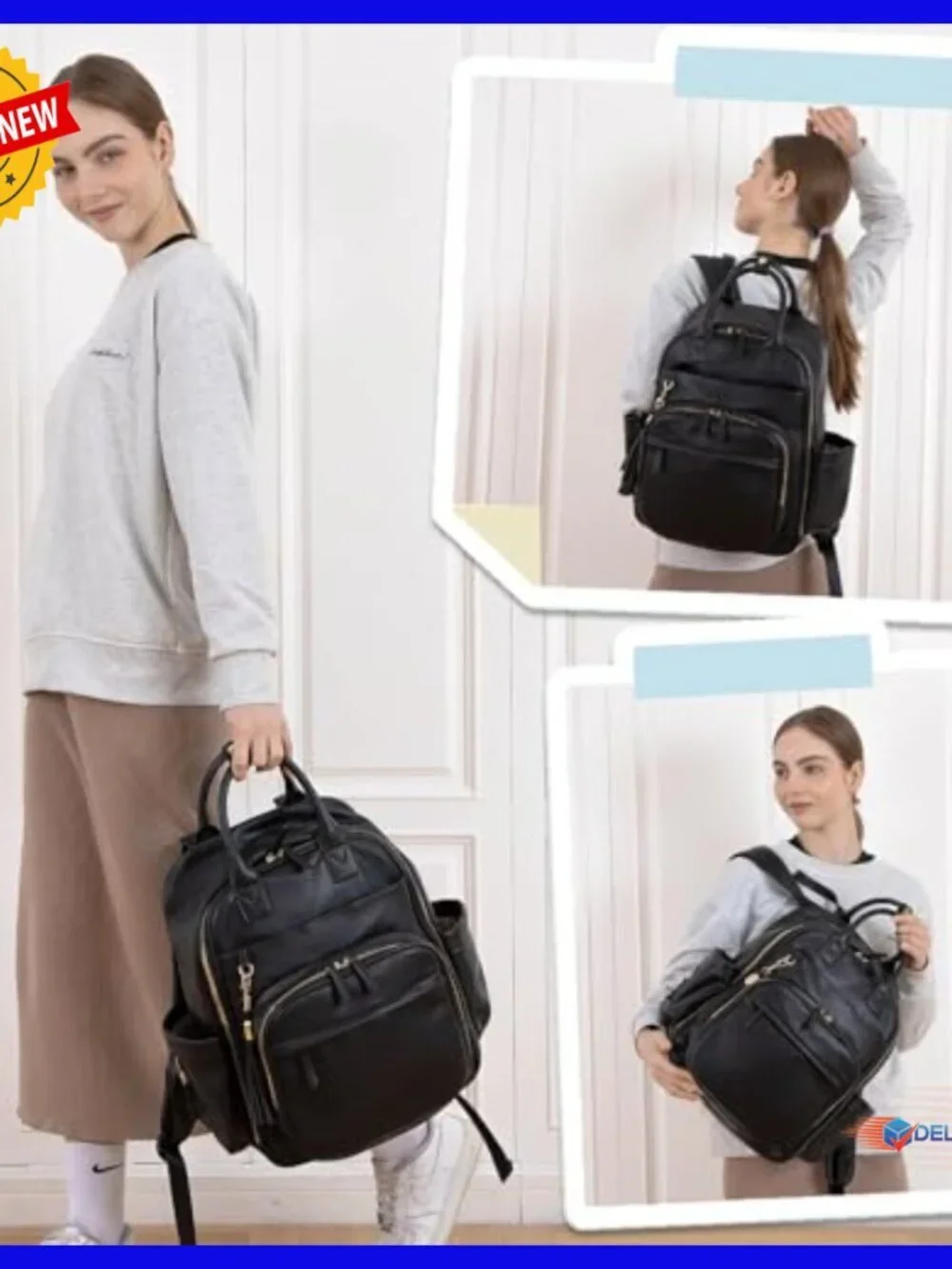 Large Leather Diaper Backpack with 16 Pockets, Changing Pad, Insulated
